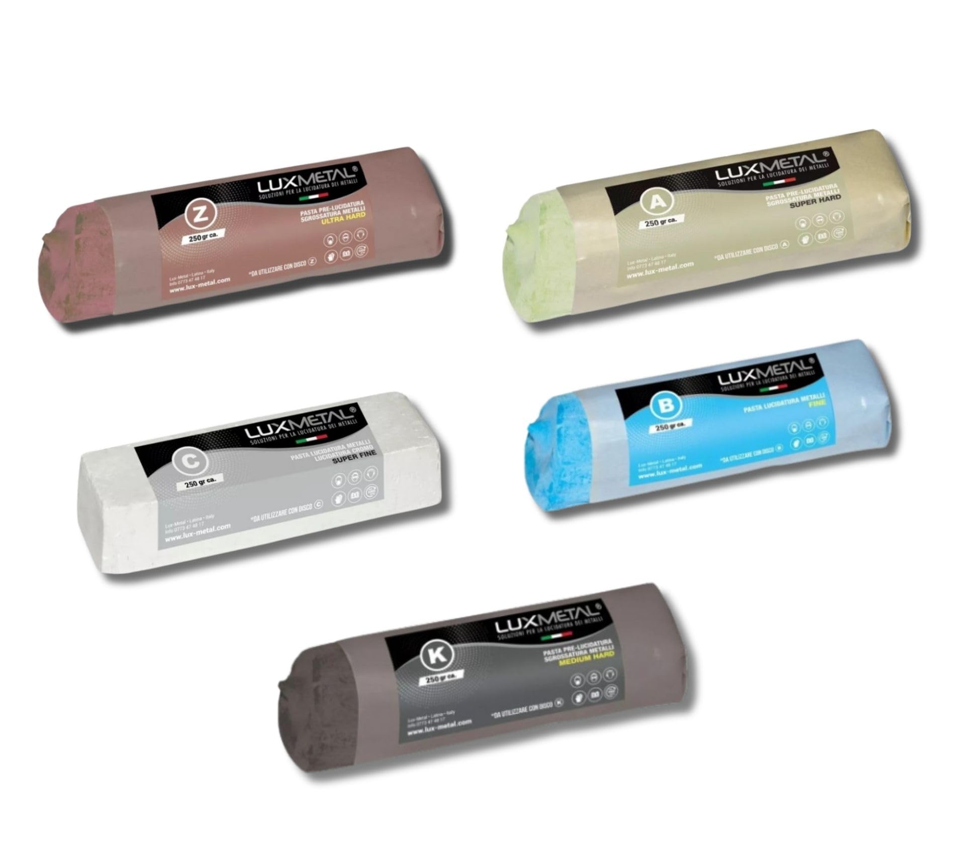 Kit 5 Pate a Polir 250 gr A-B-C-Z-K Set Polissage Acier Inoxydable Cire Solide Pour Polissage Métaux Miroir Aluminium Poli Chrome Plexiglass Marbre Laiton Cuivre