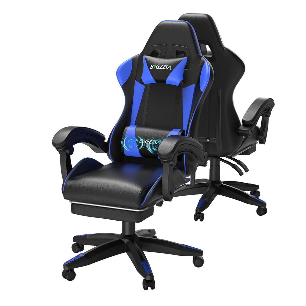 bigzzia Sedia Gaming, Sedie Ergonomica con Poggiapiedi per Videogiochi, Sedia da Gaming con Cuscino Lombare Massaggiante e Poggiatesta per Giocare, Studiare e Lavorare in Ufficio (Blu)
