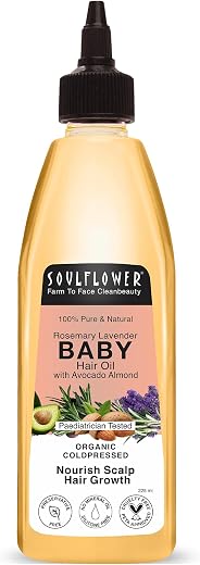 Soulflower Rosemary Baby Hair Oil for Hair Growth, 100% Pure & Natural Organic, Nourishment with Avocado, Coconut, Olive & Almond Oils, Dermatologist & Pediatrician Tested for Healthy Scalp, 225ml