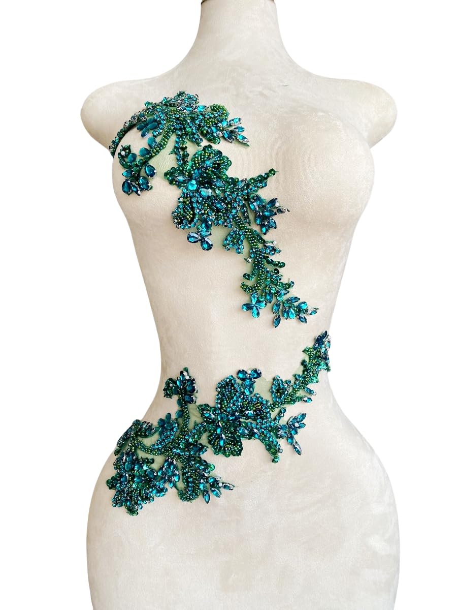 Handgefertigte Strass-Spitzen Applikation – 45x80 Cm, Mit Perlen & Steinen, Zum Aufnähen Auf Kleider