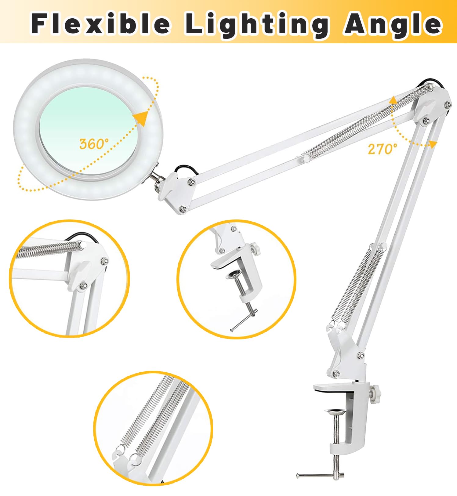 10X Lupe mit Licht und Ständer, Lupenleuchte mit 72 LEDs, 3 Farbmodi Dimmbare&10 Helligkeitsstufen, Leselupe, LED Leselampe mit Metallklemme, LED Lupenlampe für Schmuck, Arbeit, Lesen, Nähen-Weiß