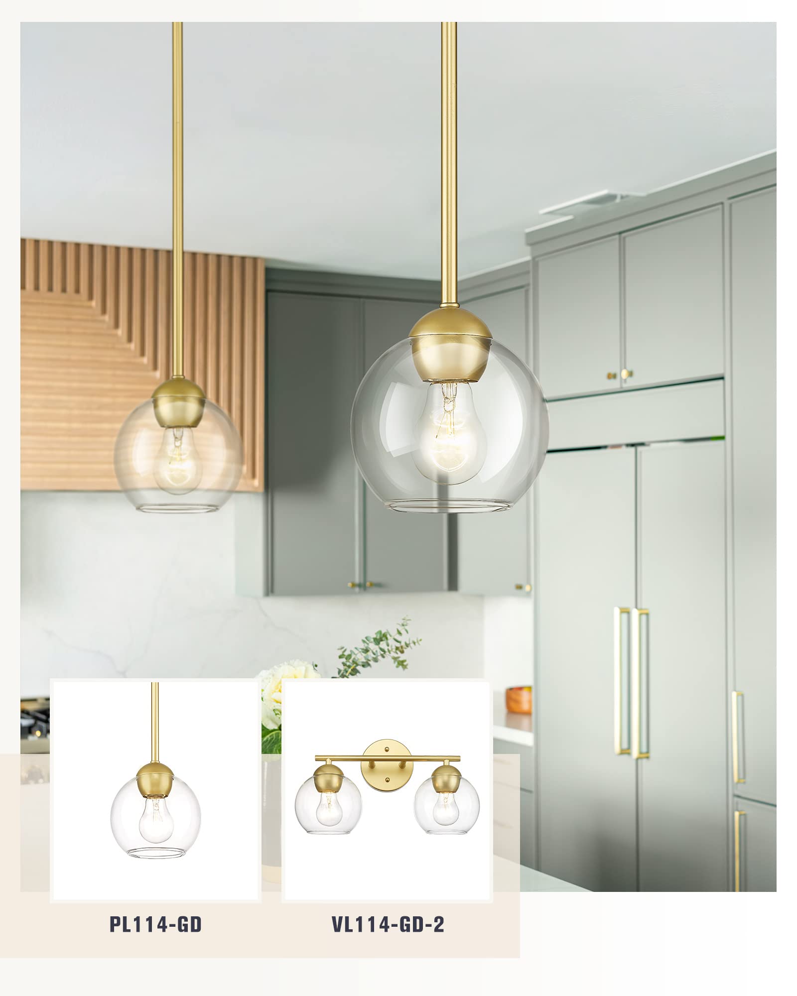EMAK Modern Industrial Pendant Light Fixtures, 1-Light Gold Hanging Light Fixtures with Clear Glass Shade, Globe Pendant Lighting for Kitchen Island, Dining Room, Bedroom, Hallway, Bathroom, PL114-GD