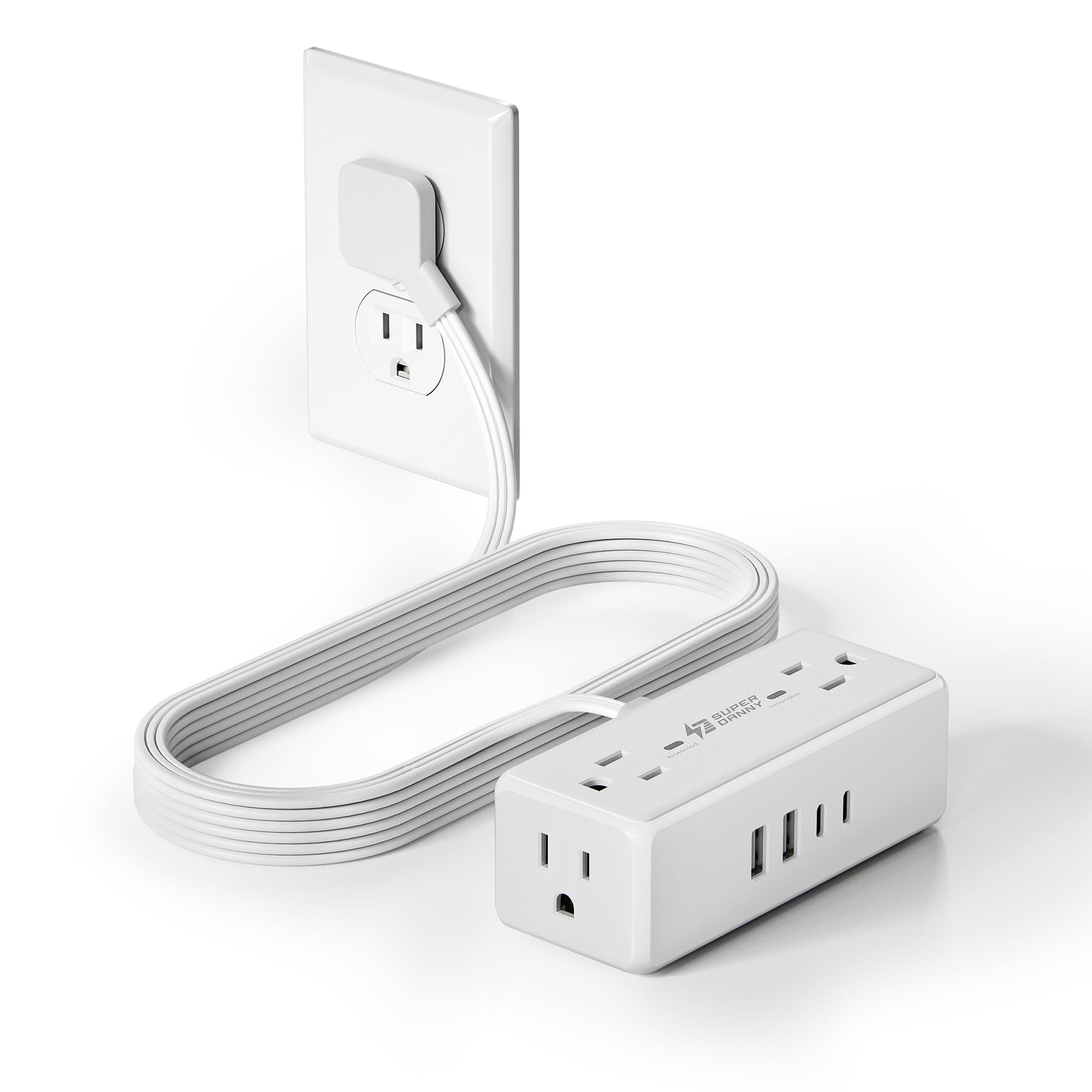 6 Ft Flat Plug Extension Cord with Multiple Outlets, SUPERDANNY Surge Protector Power Bar with 4 Outlets & 4 USB Ports (2 USB C), Small Outlet Extender for Home, Office Supplies, D image 2