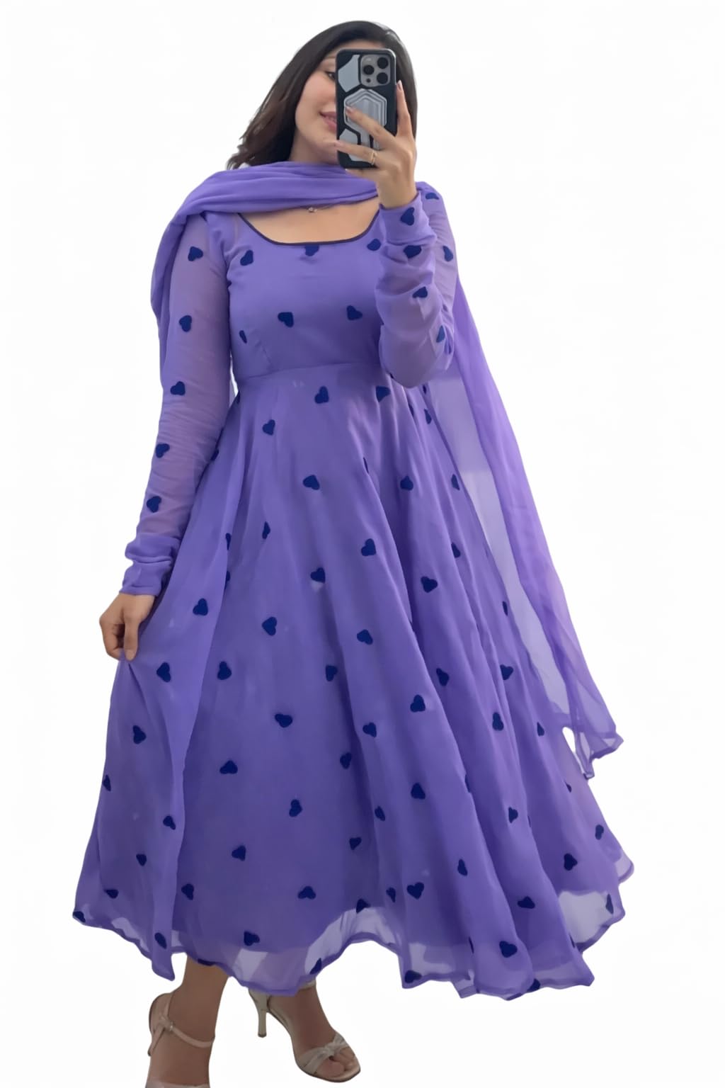 Women's Lavender Cotton Anarkali Kurta with Dupatta, Heart Embroidery, Full Sleeve, L Size-image-27
