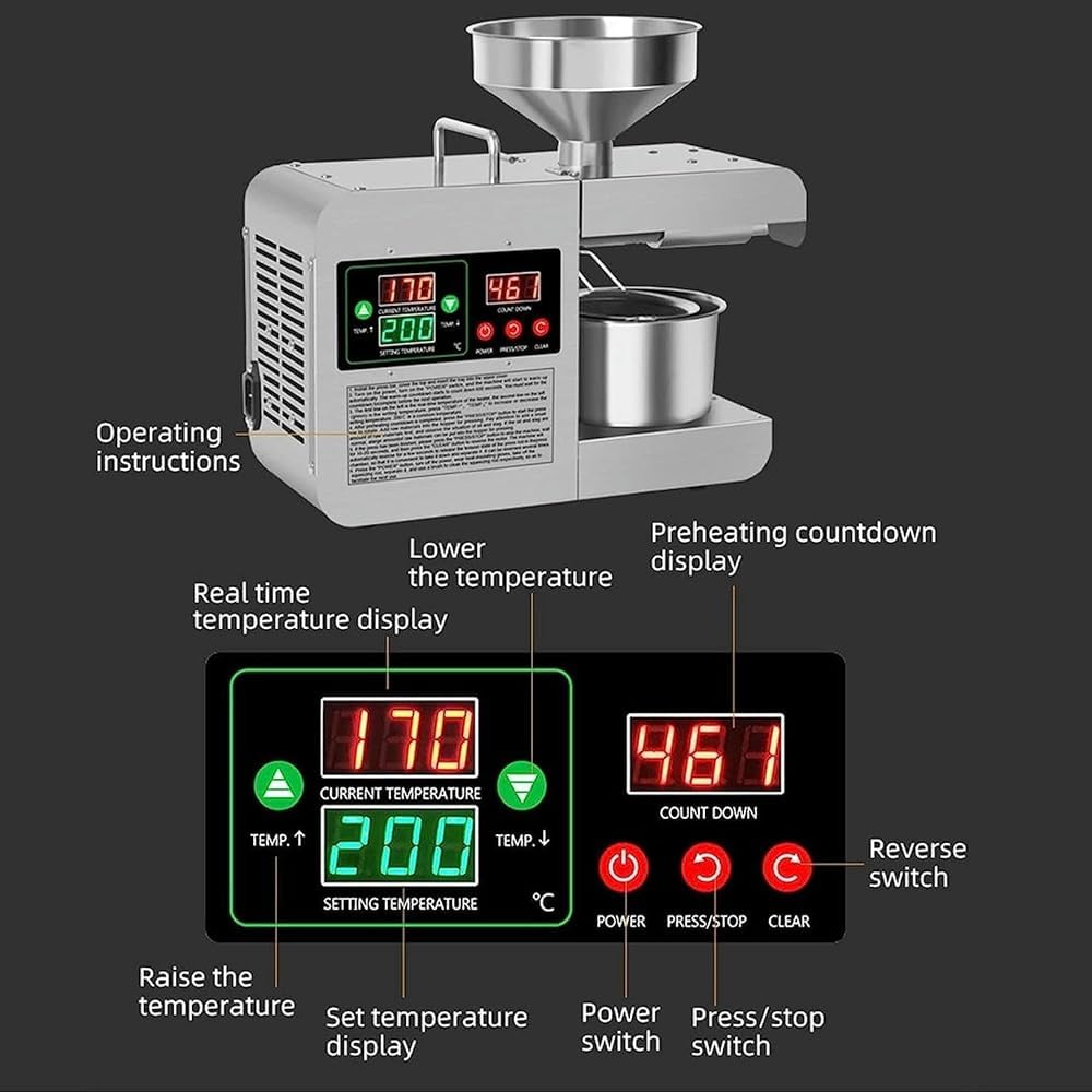Ekstraktor oleju z nasion tłoczony na zimno, inteligentna kontrola, regulacja temperatury 40-240℃ do domowej kuchni i użytku komercyjnego