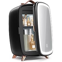 Electactic Mini Skincare Fridge with Dimmable LED Mirror, 6L Makeup Fridge Holds 8 Cans, 7&deg; Lean-Back Mirror Design, Portable Cosmetic Refrigerator for Skincare, Beauty Products &amp; Drinks, Black