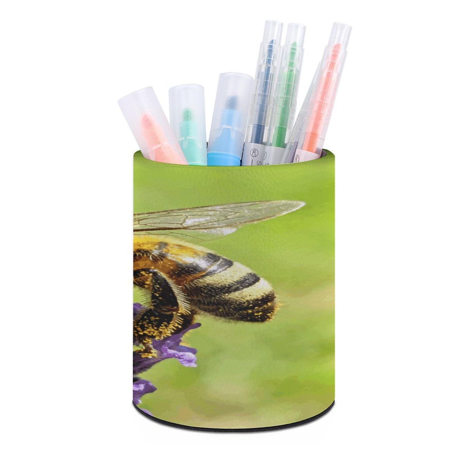 Bees Pen Holder Multi-Functional Round Pencil Holder Cute Office Decoration Pen Cups Simple Design PU Leather Paintbrush Cups for Home Office Desk