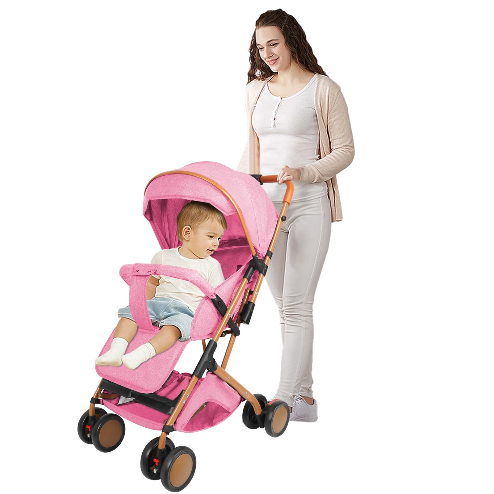 Passeggino 4 ruote, telaio in acciaio laccato oro, reclinabile seduto/allungato, pieghevole con una mano, con materasso spesso e zanzariera, ruote EVA anti-foratura, carico massimo 30 kg per 0-6 anni