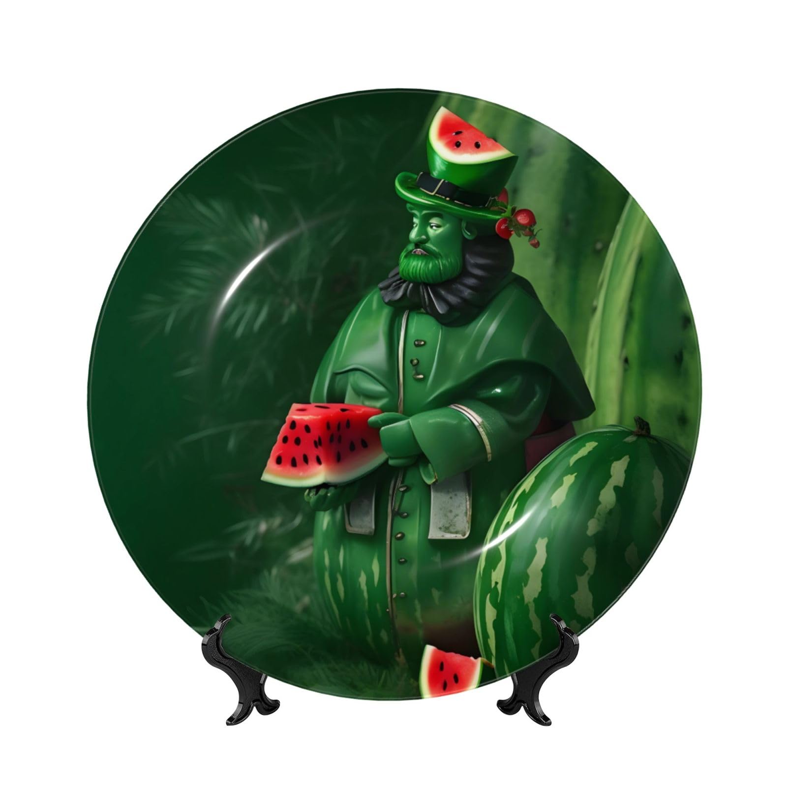 SXZVVBN Patrick's Watermelon Festival Bone China Decorative Plate Art with Stand Removable Adhesive Hanging for Home Office 7in