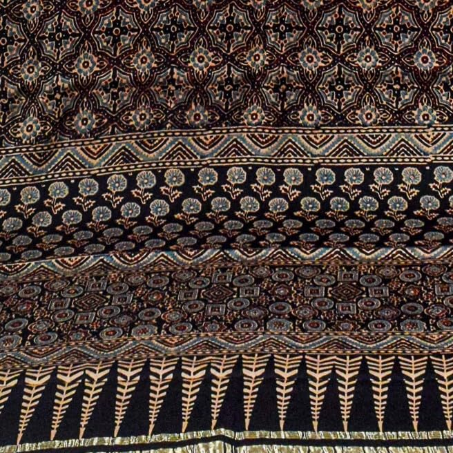 Image of Ethnics of Kutch Womens Ajrakh Modal Silk Natural Dye Golden Border Hand Block Print Saree with Blouse Piece - 5.5 Mtr Length (Black 05C01E)
