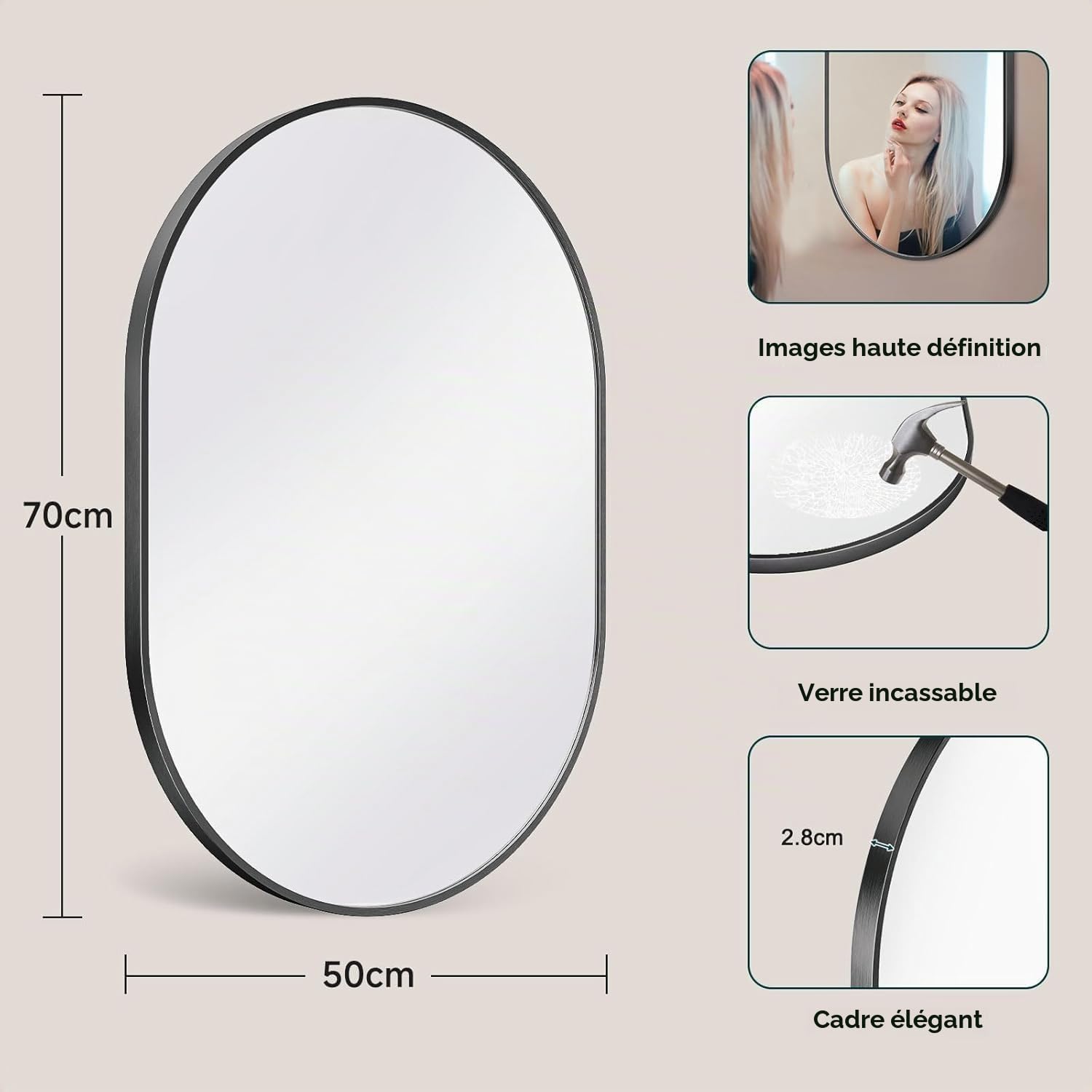 Dripex Miroir Mural 70x50cm, Ovale Miroir de Maquillage avec Cadre en Alliage d'Aluminium, Miroir de Décoration pour Entrée Chambre Salon Salle de Bain-Noir