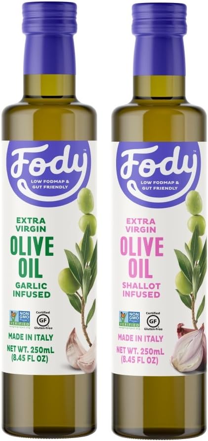 Fody Foods Vegan Extra Virgin Olive Oil Pack | Italian Made Shallot and Garlic Infused | Low FODMAP Certified | Gut Friendly | IBS Friendly Kitchen Staple | Gluten Free Non GMO | 2 Bottles, 250mL