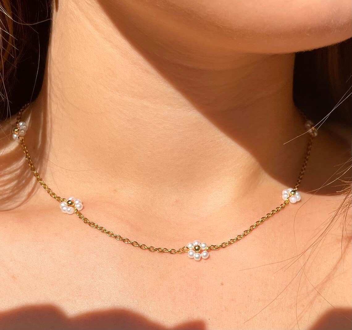 Daisy Flower Choker Necklace 14K Gold Plated Beaded Pearl Choker for Women Jewelry Gifts - Image 9