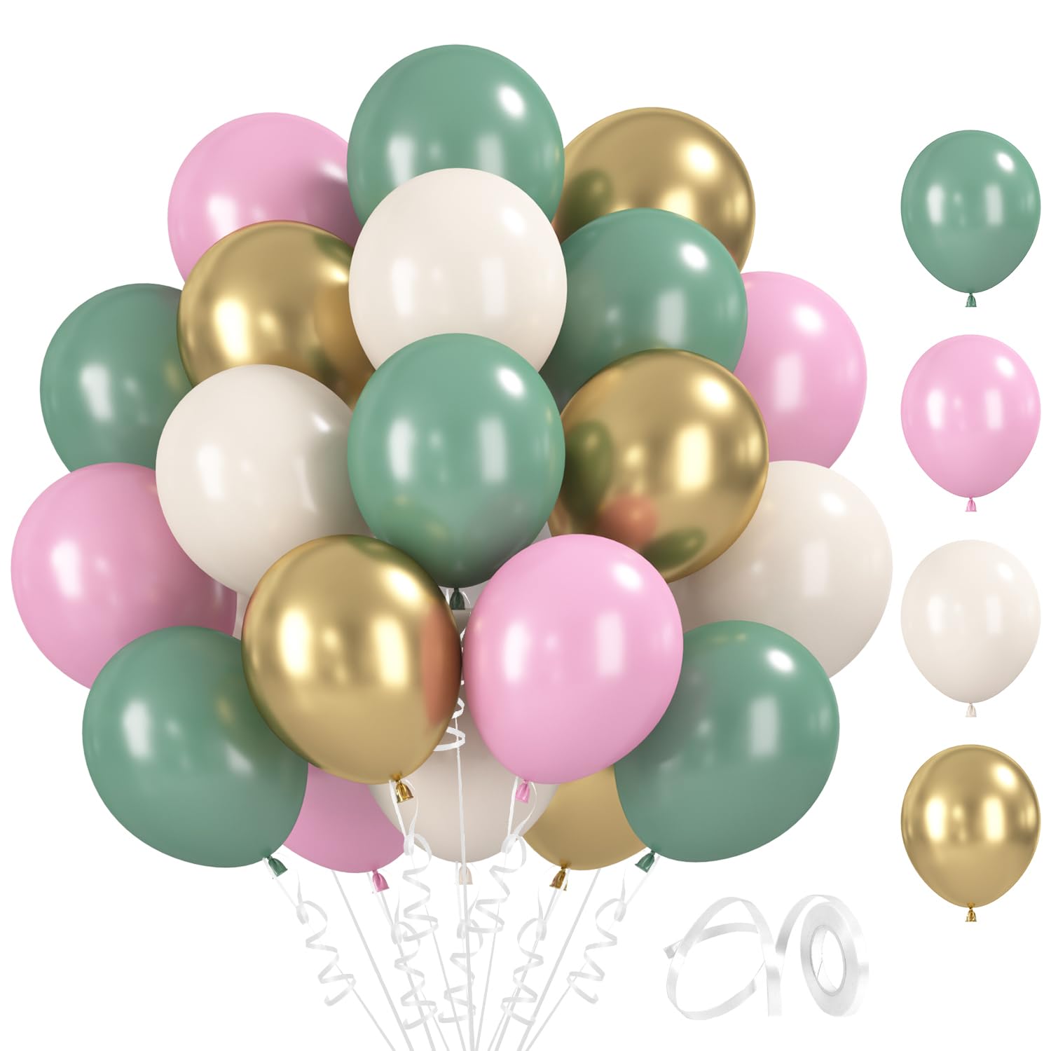BlooMoo 60 Stück Luftballons Grün Rosa, 12 Zoll Latex Luftballons Grün Rosa Gold, Metallic Ballons, Party Ballons Set, für Geburtstag Hochzeit Babyparty Dekoration