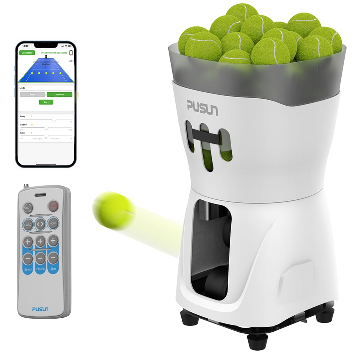 PUSUN PT-Mini Pro Máquina Lanzapelotas para Tenis con App y Mando a Distancia, 5-37 mph, 1.8-8 s/Bola, 65+ Pelotas, Ángulo 25-60°, Batería 3-5 h, Entrenador Portátil para Niños y Principiantes