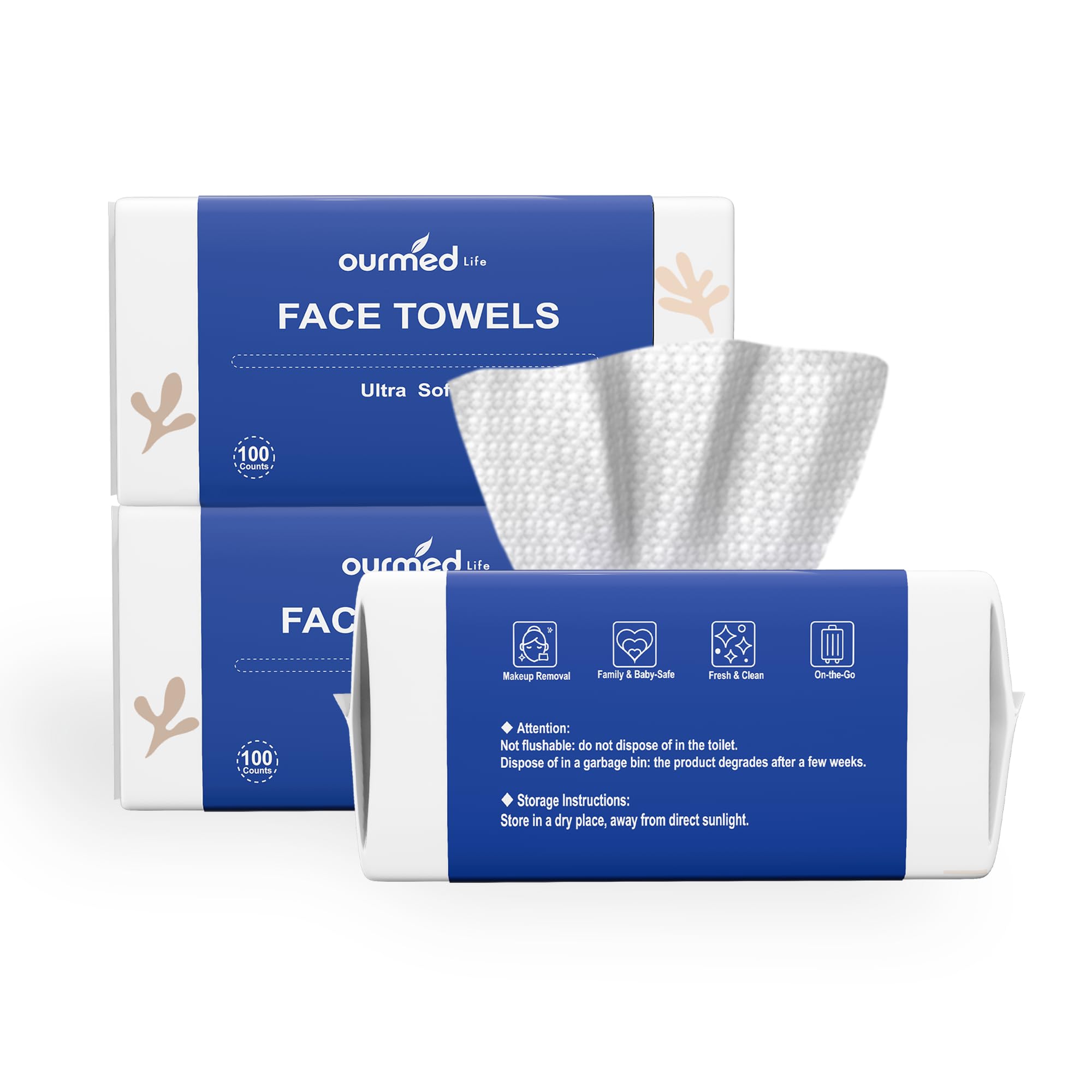Ourmed Life Face Towels, Disposable Biodegradable Clean Facial Towels for Sensitive Skin, Lint- free Face Cloths for Makeup Remover, Skincare and Women Cleaning, Dry Wipes,300 Count Dot Texture