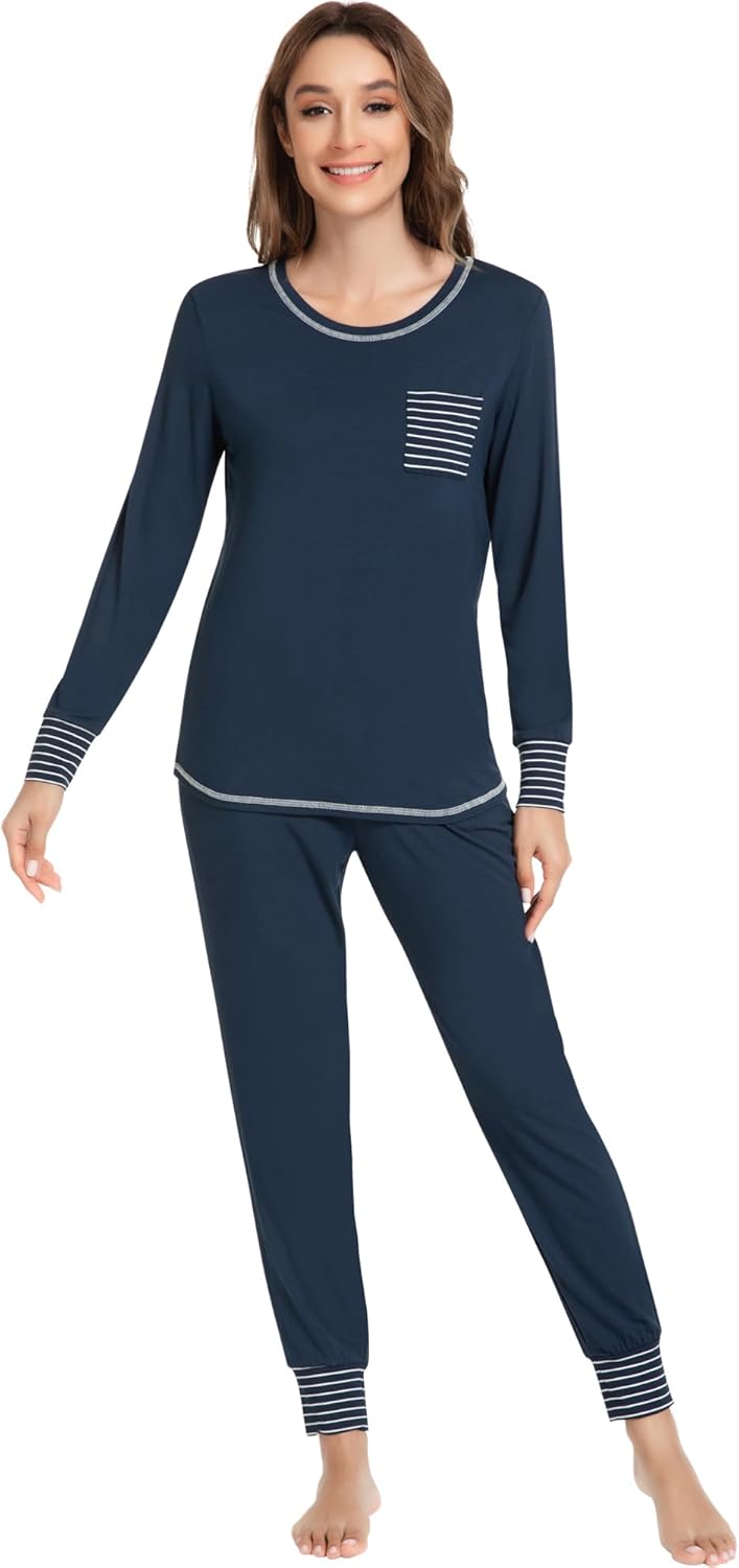 NACHILA Pajamas for Women-Viscose Made from Bamboo,Long Sleeve Pajama Sets Crew Neck Pj with Joggers Pants Soft 2 Piece Pjs