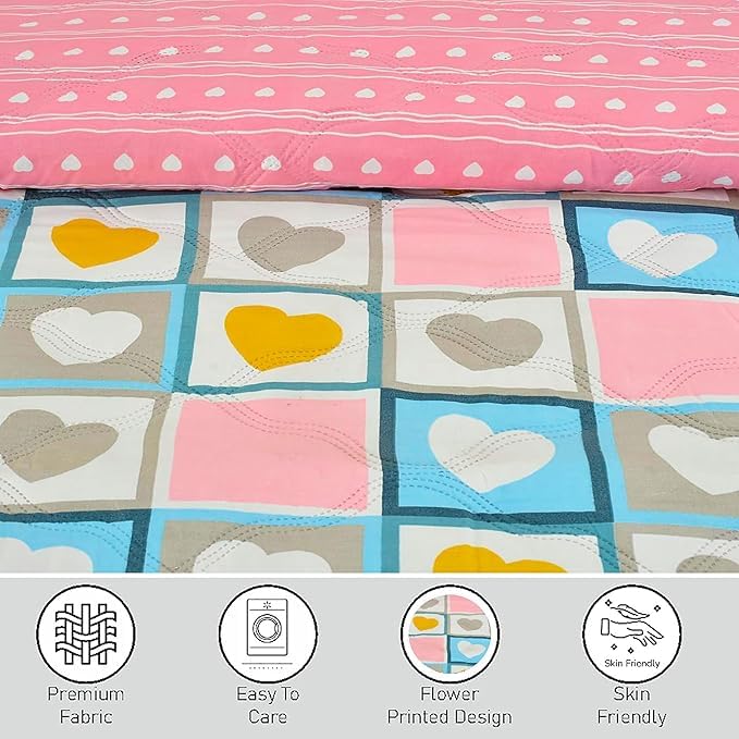 Image of Dohar Single OR Double Bed 100% Cotton Blankets for Summer 150GSM Ac Comforter and Cooling for Summer Classic Printed Design Quilt Ideal for Gifting (Heart Flower Design, Double Bed)