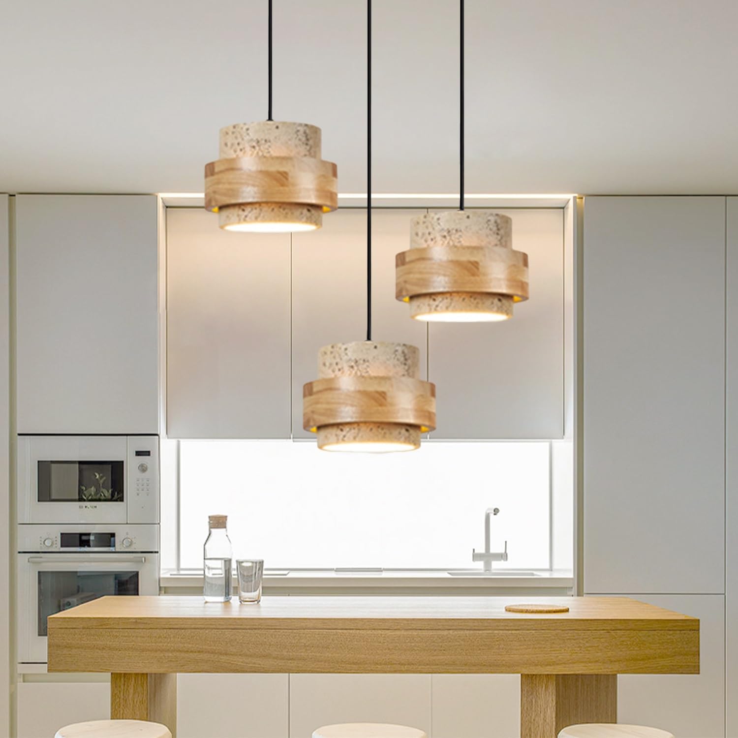Lampa Wisząca Trawertyn 3-Płomienna Cylindryczny Żyrandol Naturalnego Kamienia Drewno Wabi-Sabi Styl Nowoczesna Lampa Sufitowa Do Jadalni Kuchni Salonu Sypialni E27 Regulowana Wysokość(Yellow,A)