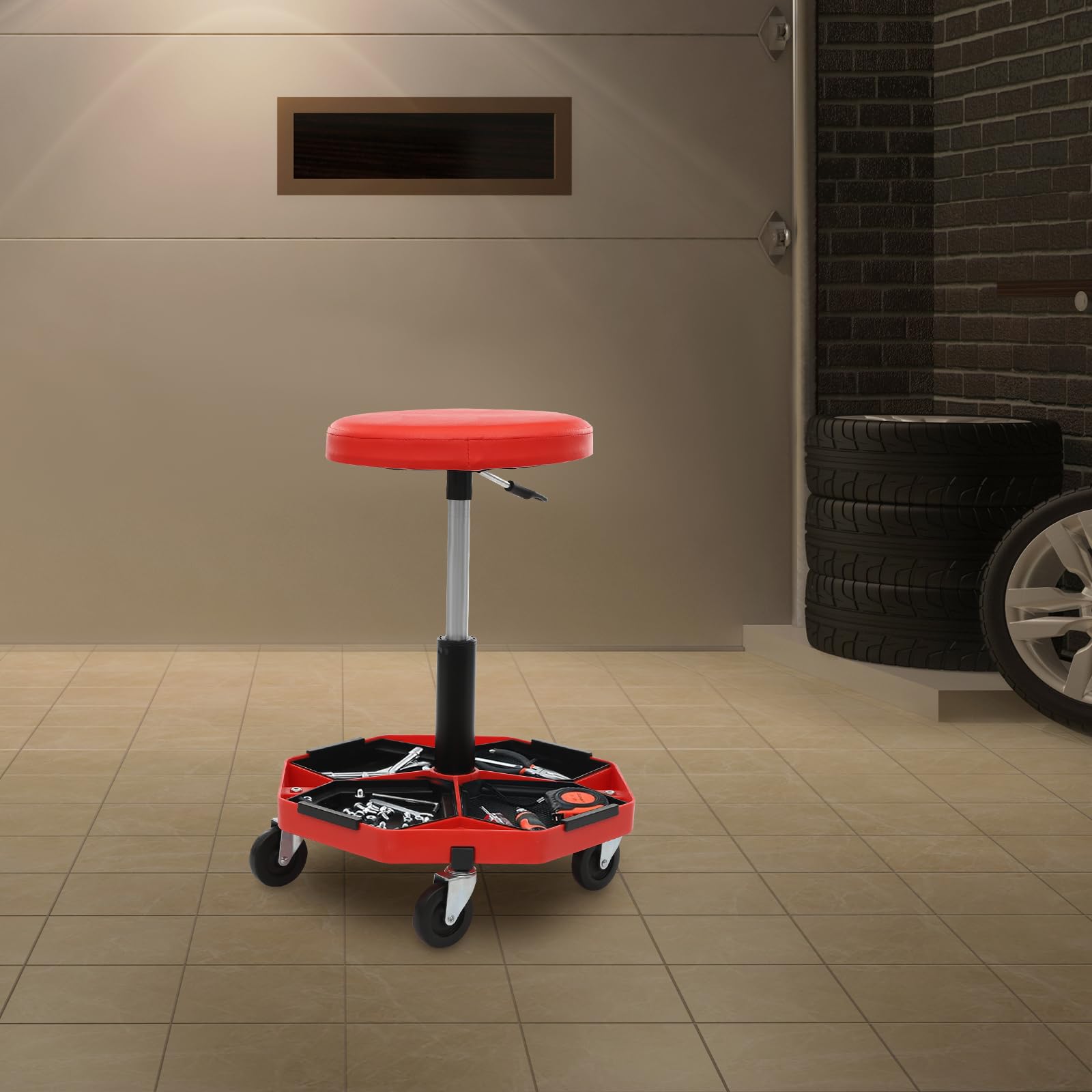 Sgabello da officina regolabile in altezza, sedile pneumatico per garage, girevole a 360°, con ripiano per attrezzi, portata di 16,93 pollici, seduta comoda, colore nero (rosso)