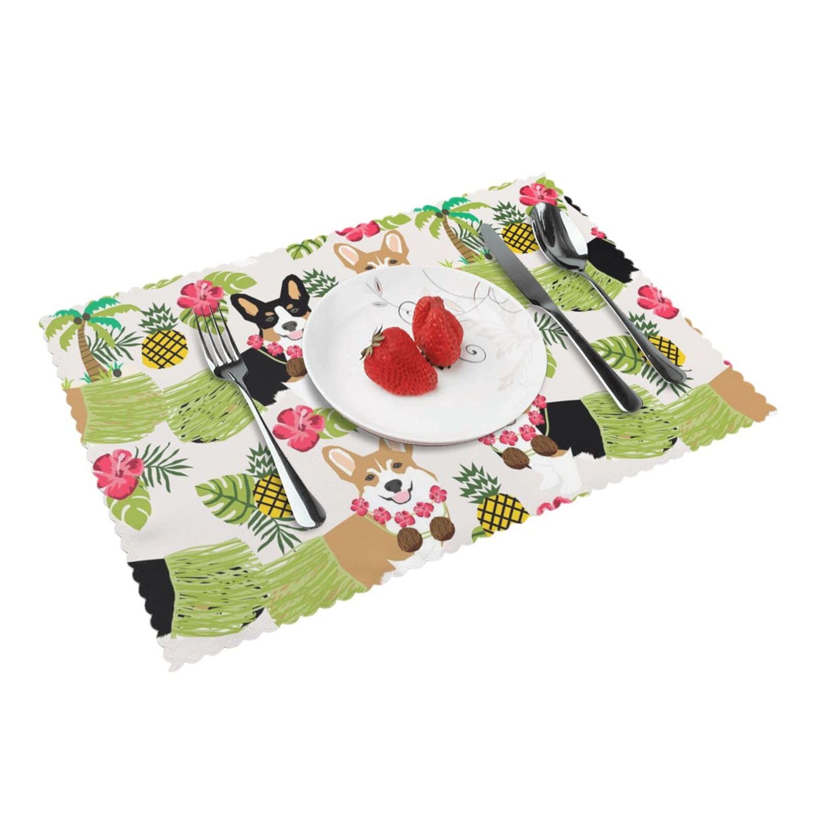 Bnvsadc Corgi Hawaiian Tropical Summer Pineapple 4 Pcs Heat Resistant Placemat 45X30 Cm, Printed Non-Slip Place Mats For Kitchen Dining Table Indoor Outdoor