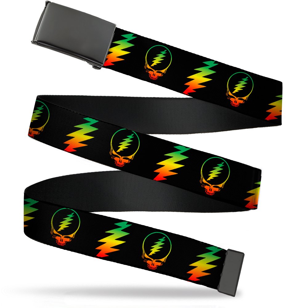 Buckle-Down Boys Steal Your Face W/Lightning Bolt Repeat Black/Rasta Web Belt Grateful Dead 1.5", Wide-Fits Up To 42" Pant Size
