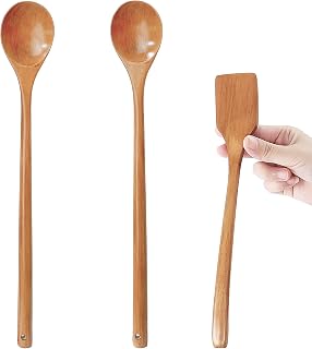 1pc Omelette Thin Wood Turner (27cm x 4.5cm), 2pcs Long Handle Mixing Spoons (34cm x 5cm), Natural Solid Wood, No Glue, No Splicing, Small Fried Egg Spatula, Extended Stirring Spoon