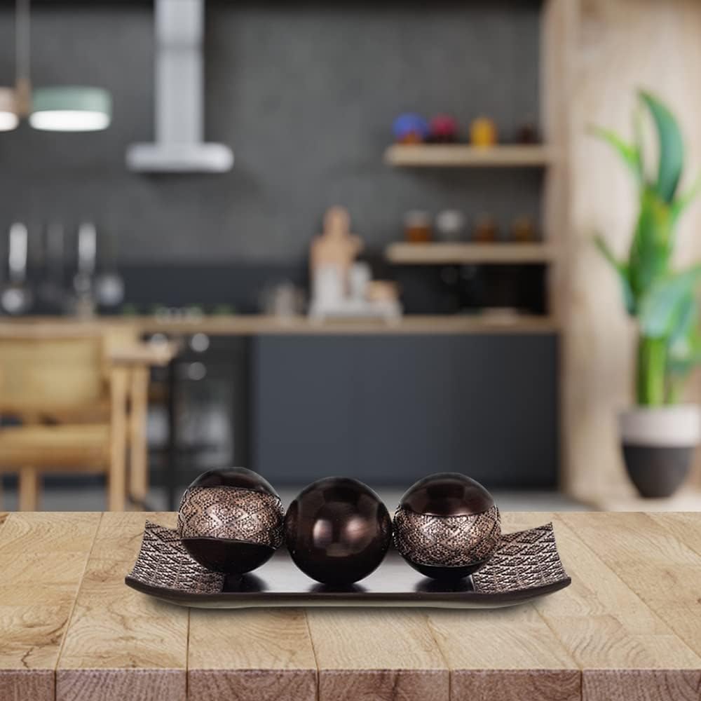 HomeRoots Tray and Orbs Balls | Centerpiece Table Decorations | Home Decor |Decorative Accents Balls for Living Room, Coffee, and Dining Table Decor |Set of 3 | Brown Decor