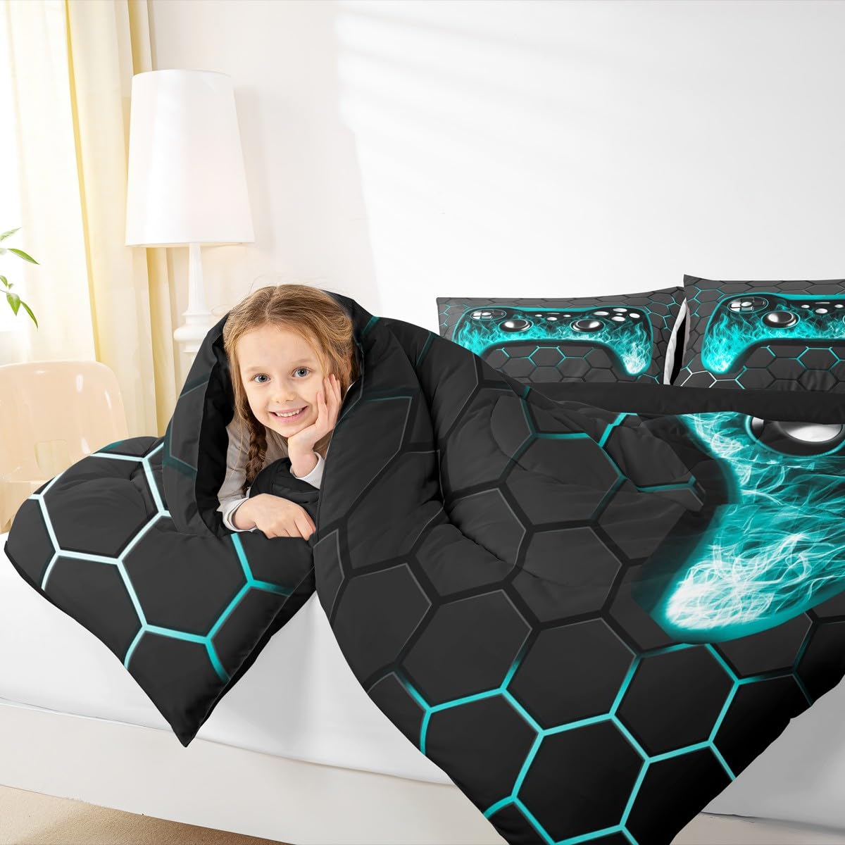 Erosebridal Juego de ropa de cama para niños, tamaño individual, juego de edredón de videojuegos para niños, decoración de habitación, ropa de cama de juegos, edredón geométrico azul y negro con