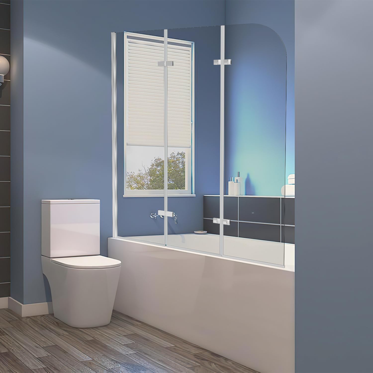 Vasca da bagno 120 x 140 cm, 3 pezzi, pieghevole, per vasca da bagno in vetro di sicurezza ESG da 6 mm, rivestimento nano, girevole a 180°, paraspruzzi, colore: argento