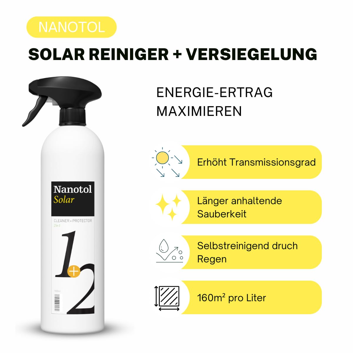 Nanotol Photovoltaik- und Solaranlagen Reiniger für 160 m² - Reiniger + Nanoversiegeung 1+2 für langfristigen Schutz vor Schmutz mit Easy-to-Clean- und Lotuseffekt - langfristig höhere Leistung