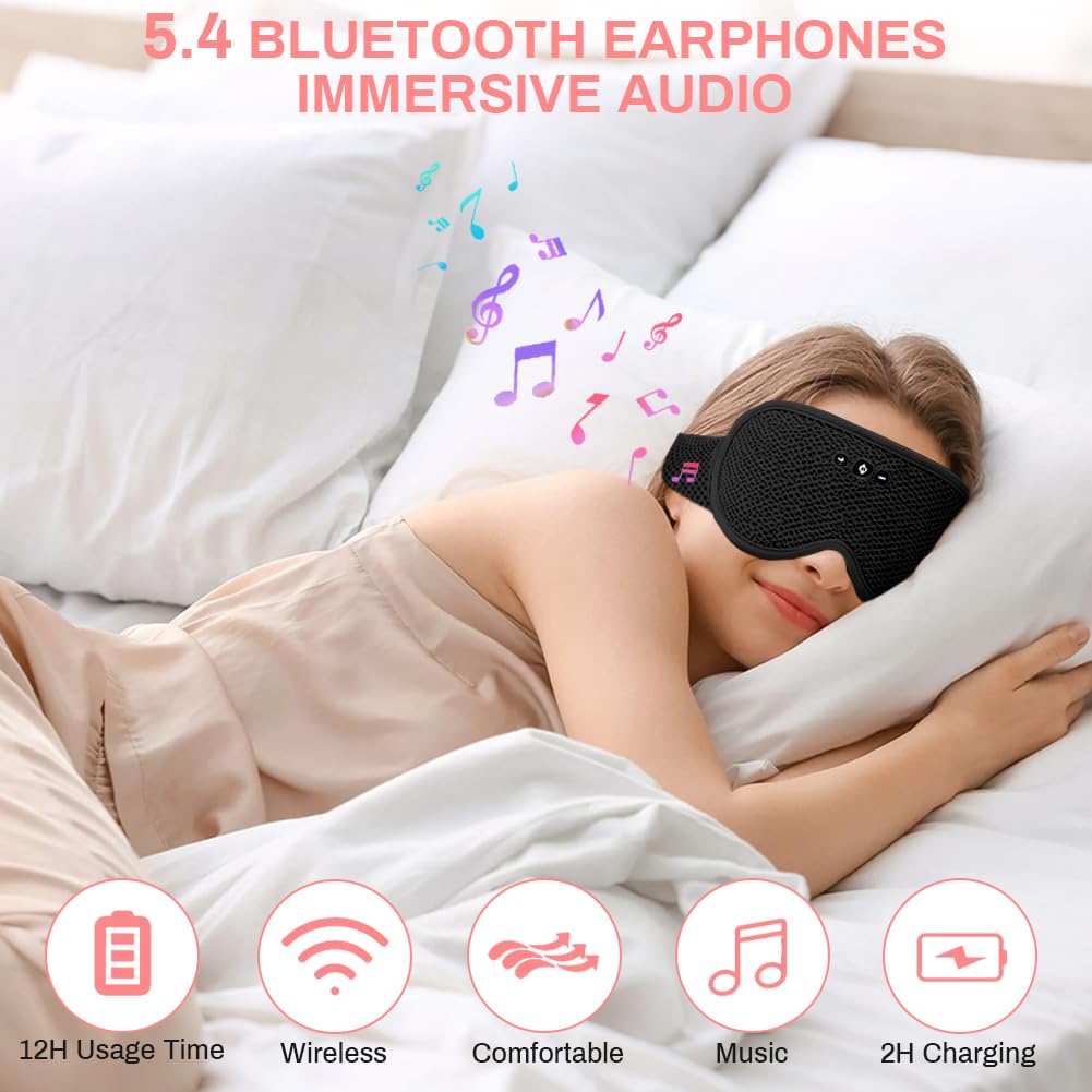flintronic Maska na oczy Bluetooth – 3D, duża orbita, czarna