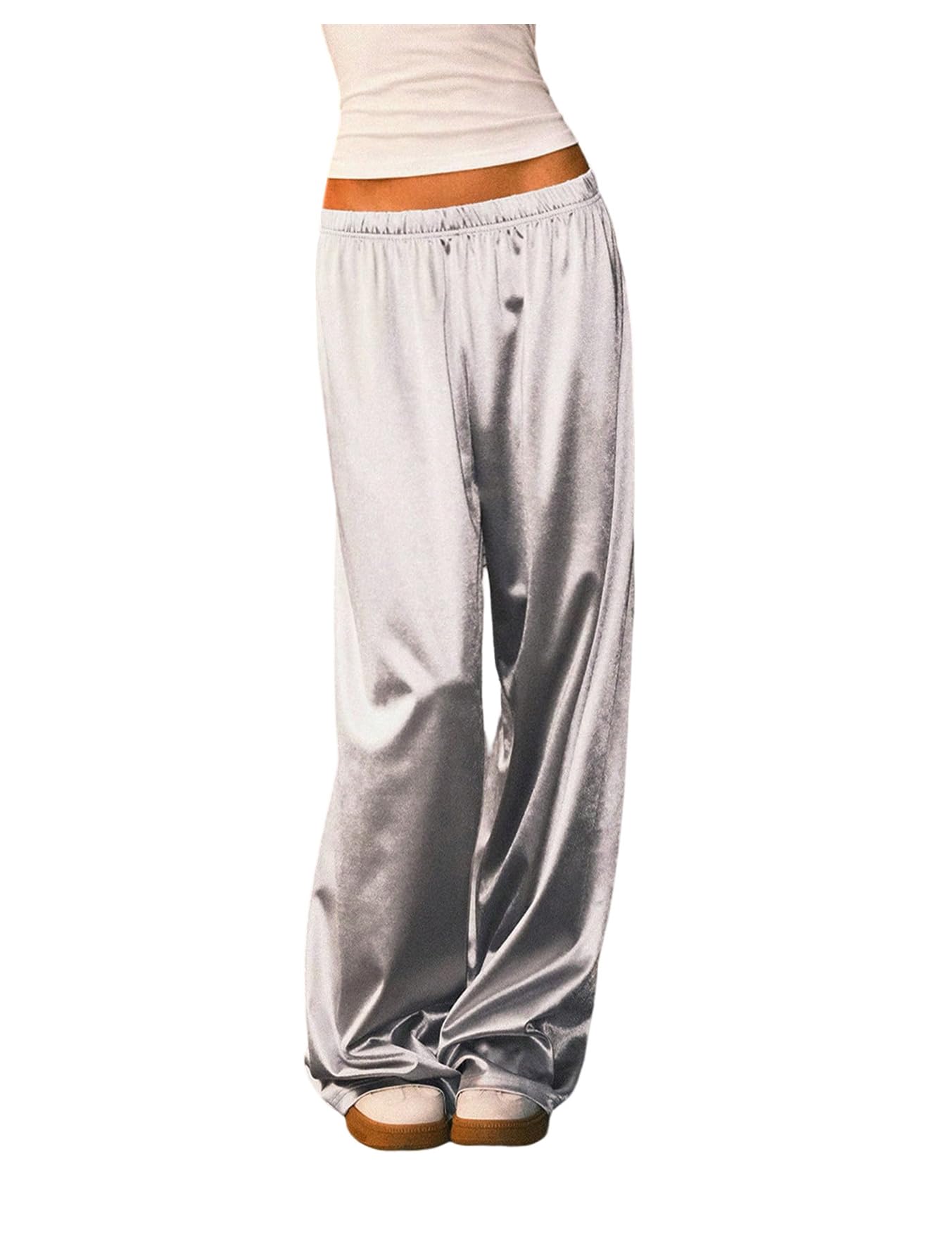 Womens Wide Leg Pants Elastic Waist Satin Pants Y2k Baggy Low Rise Long Trousers