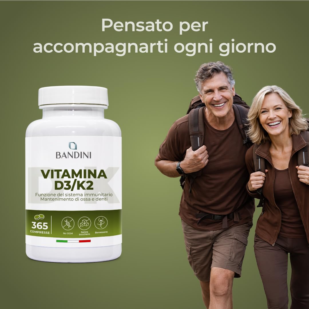 Bandini® Vitamina D3 K2 | 365 COMPRESSE (12 Mesi) | Vitamina D 2000 UI + 200 mcg Vitamin K | Vitamine MK-7 99% All Trans Vit D3+K2 | Per Ossa, Denti, Muscoli, Articolazioni & Sistema Immunitario