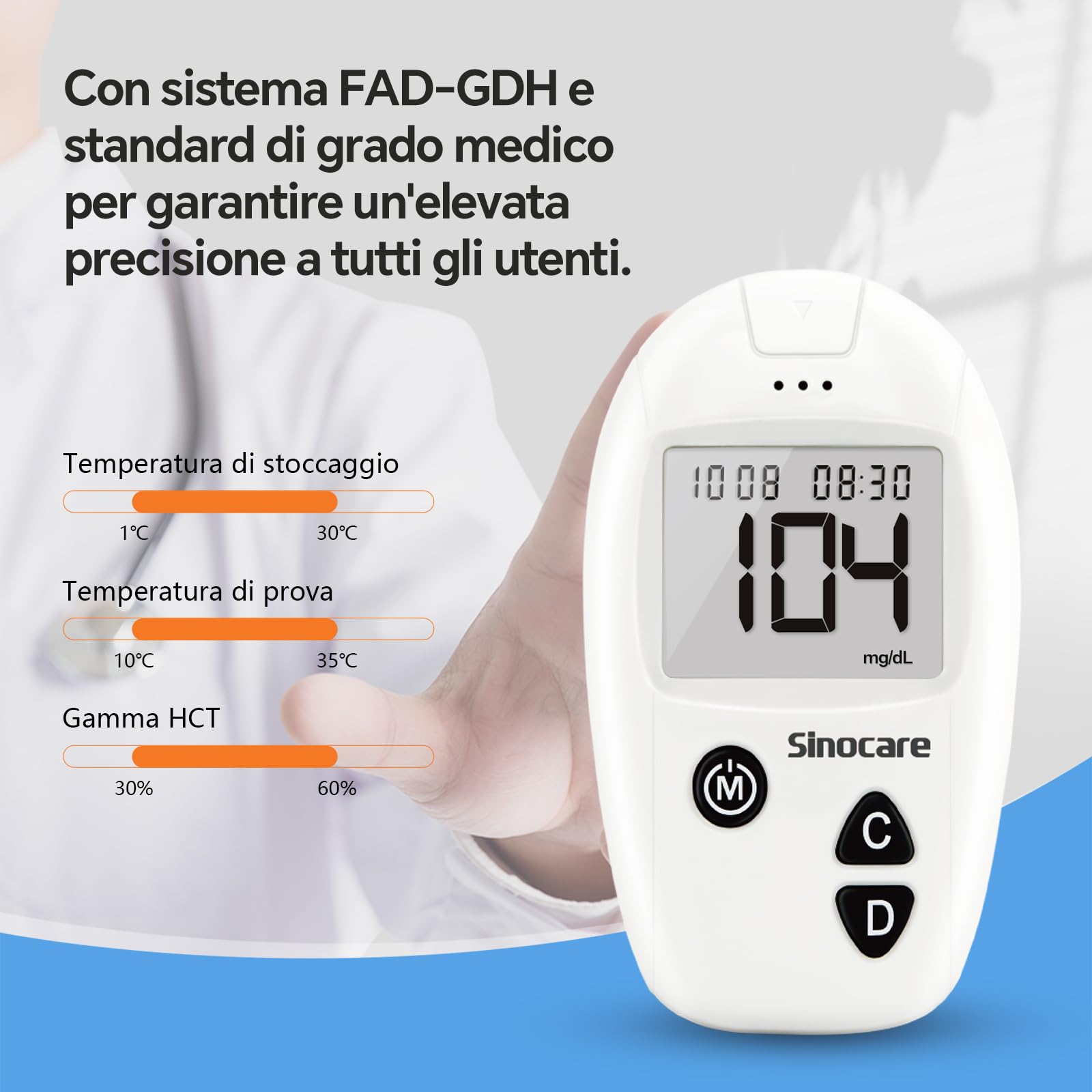 Sinocare Glucometro Misuratore Glicemia nel Sangue, Kit Test Rapido di Zucchero nel Sangue con 50 Strisce Glicemia Reattive per Glucosio - mg/dL (Safe Accu)