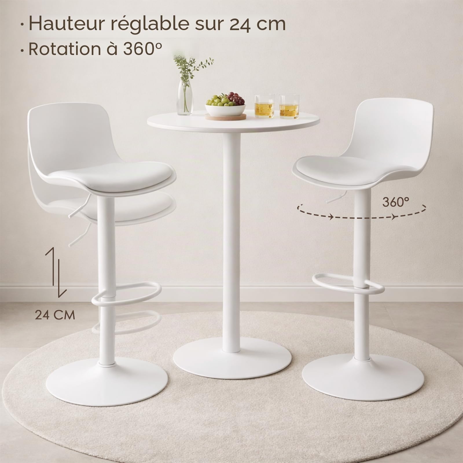 Kidol & Shellder Lot de 2 tabourets de Bar réglables en Hauteur et pivotants avec Dossier et Repose-Pieds – Chaises de Bar en PU Cuir rembourré, Style Moderne Industriel, Blanc, pour Cuisine