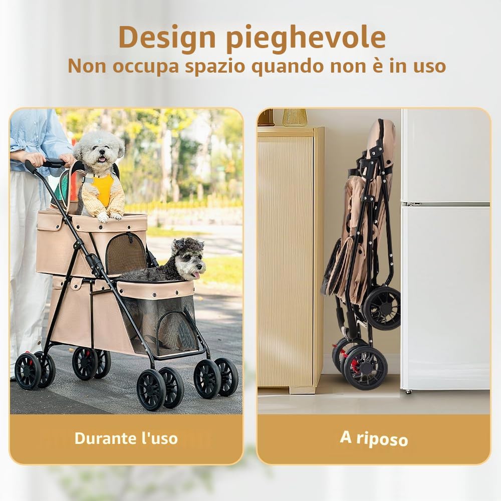 OHMG Passeggino Buggy doppio per cani e gatto, 3 in 1, pieghevole fino a 25 kg, trasportatore per gatti, borsa di trasporto per gabbie per cani