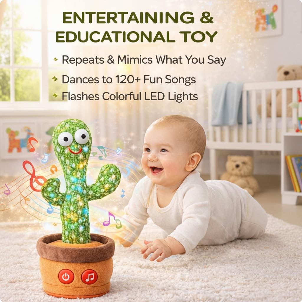 Dancing Cactus Toy for Baby & Kids, Talking & Singing Plush Cactus with LED Lights, Repeats What You Say, Musical Interactive Toy with USB Rechargeable Battery, Fun Educational Gift for Toddlers 1