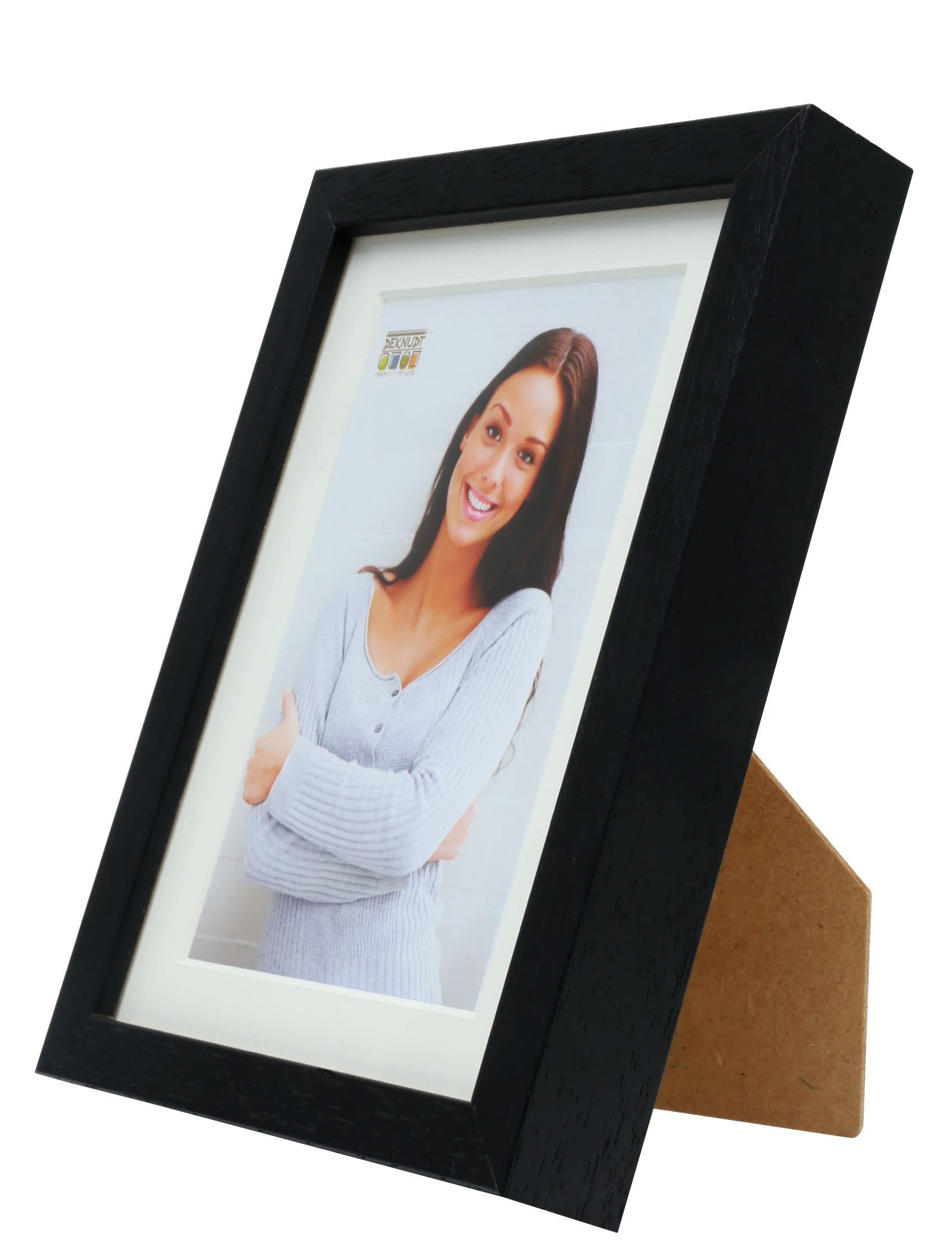 Deknudt Frames - Cornice portafoto Basic con passepartout in Legno con Modanatura Alta, Legno, Nero, 10 x 15 cm