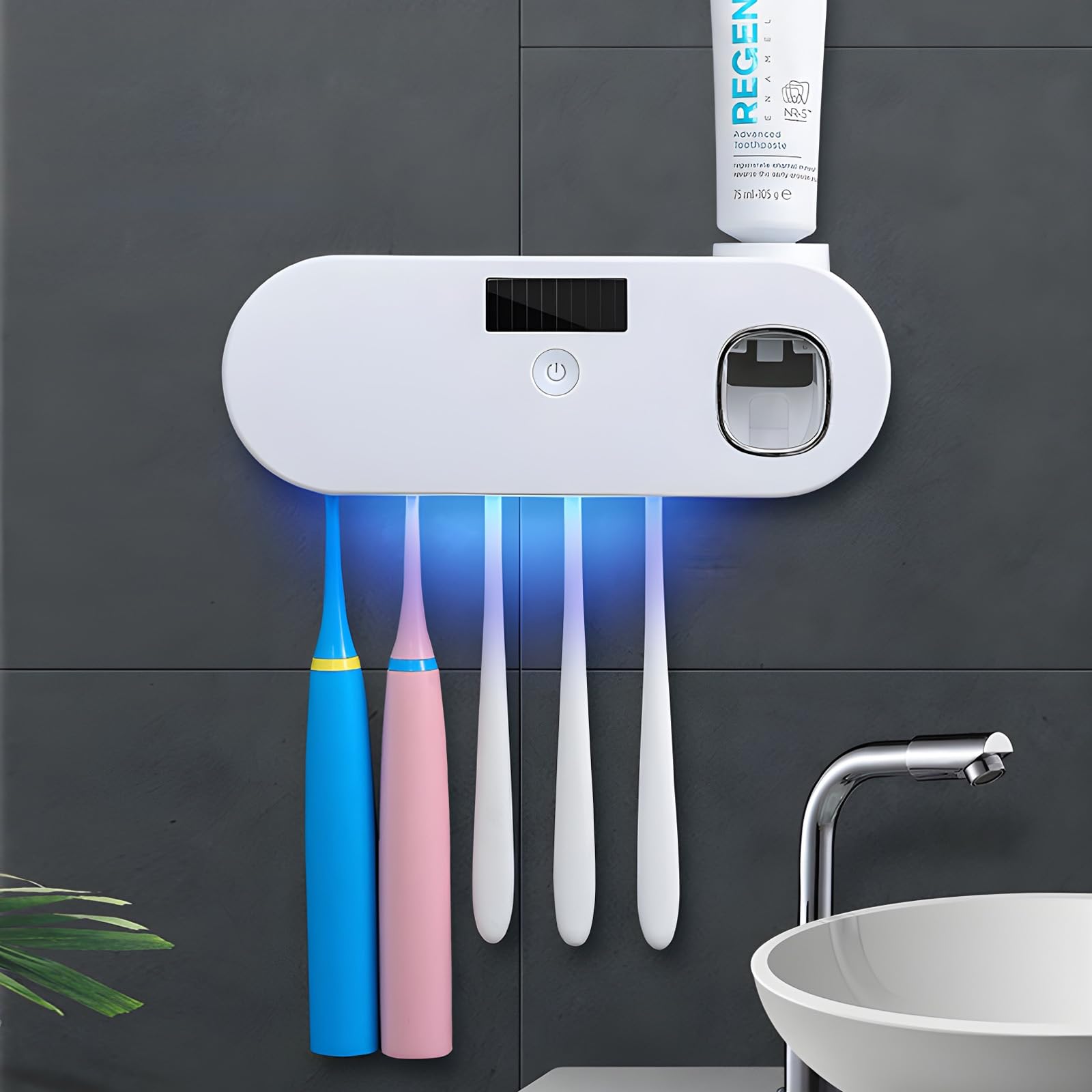 Hoquare Wall Mounted Toothbrush Holder, Electric Toothbrush Holder with Toothpaste Dispenser, UV Toothbrush Sanitizer Case for Bathroom, No Drilling Smart Clean Toothbrush Organizer with 5 Brush Slots