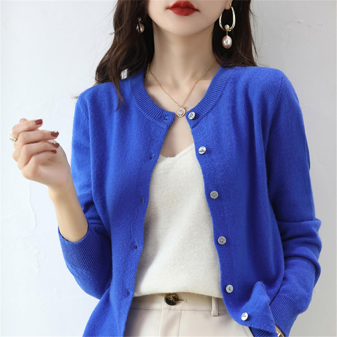 Cárdigan de cachemira para mujer, cuello redondo, suéter de punto suave para primavera, otoño e invierno, manga larga, color liso