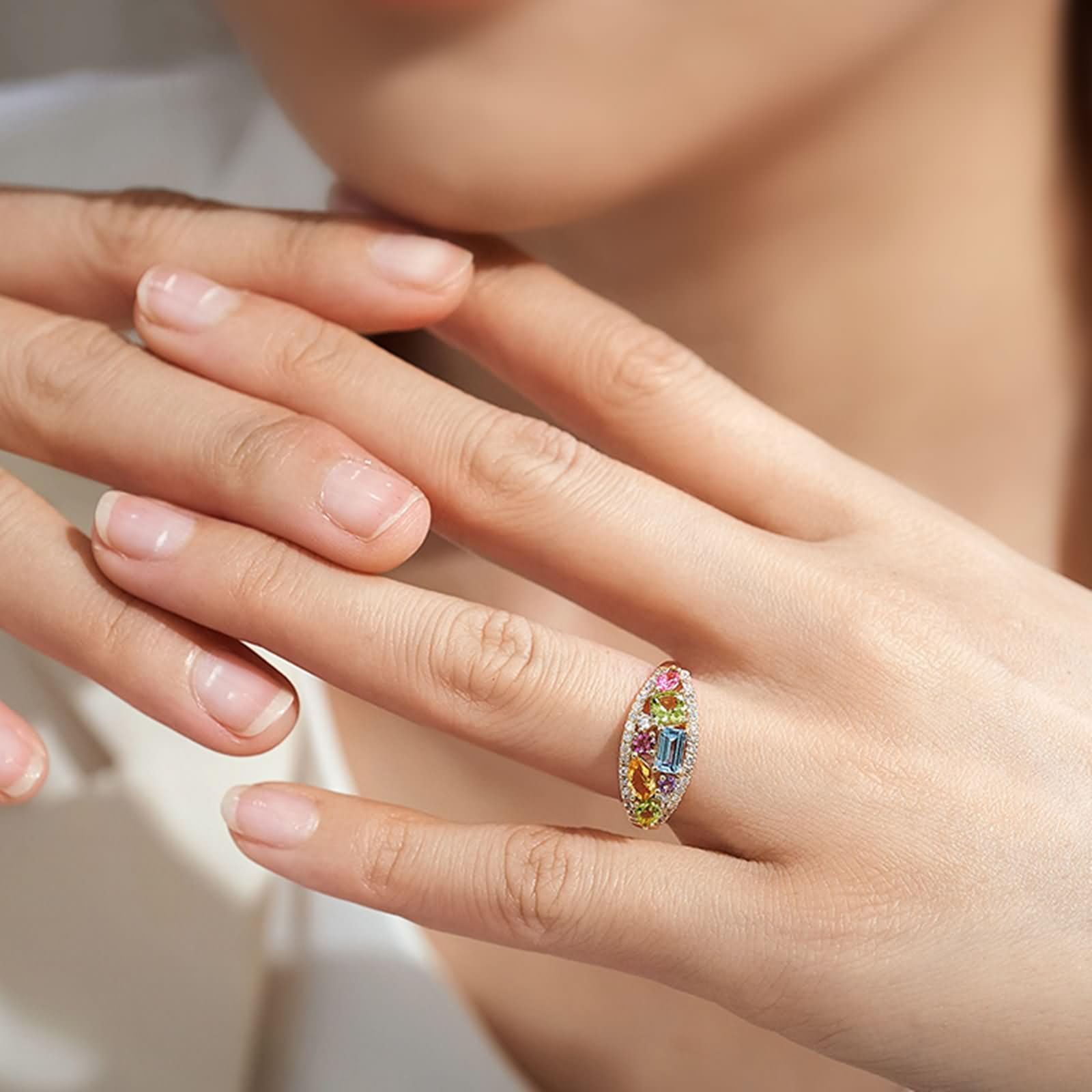 9K damski pierścionek z żółtego złota, geometryczny z kolorowymi kamieniami szlachetnymi 1,2 ct, pierścionek ślubny, żółte złoto, rozmiar 11 (51 mm)