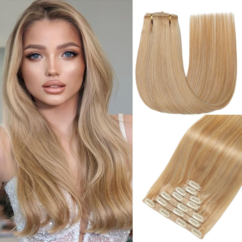 GUDOZO Clip in Extensions Human Hair 7pcs 60cm 120g Invisible Clip Extensions Human Hair Extensions Human Hair Clip Extensions Skin Weft Hair Extension(24Inch,M10/22/613#)