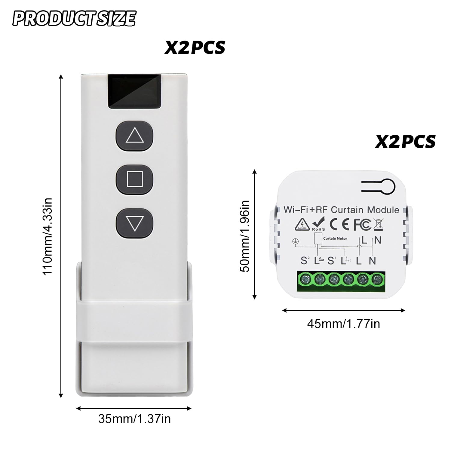 2 Pièces Kit Interrupteur Sans Fil, Interrupteur Volet Roulant Connecté Avec RF Télécommande et Module de Réception, pour Commande de Rideau ÉLectrique, Module Volet Roulant Connecté
