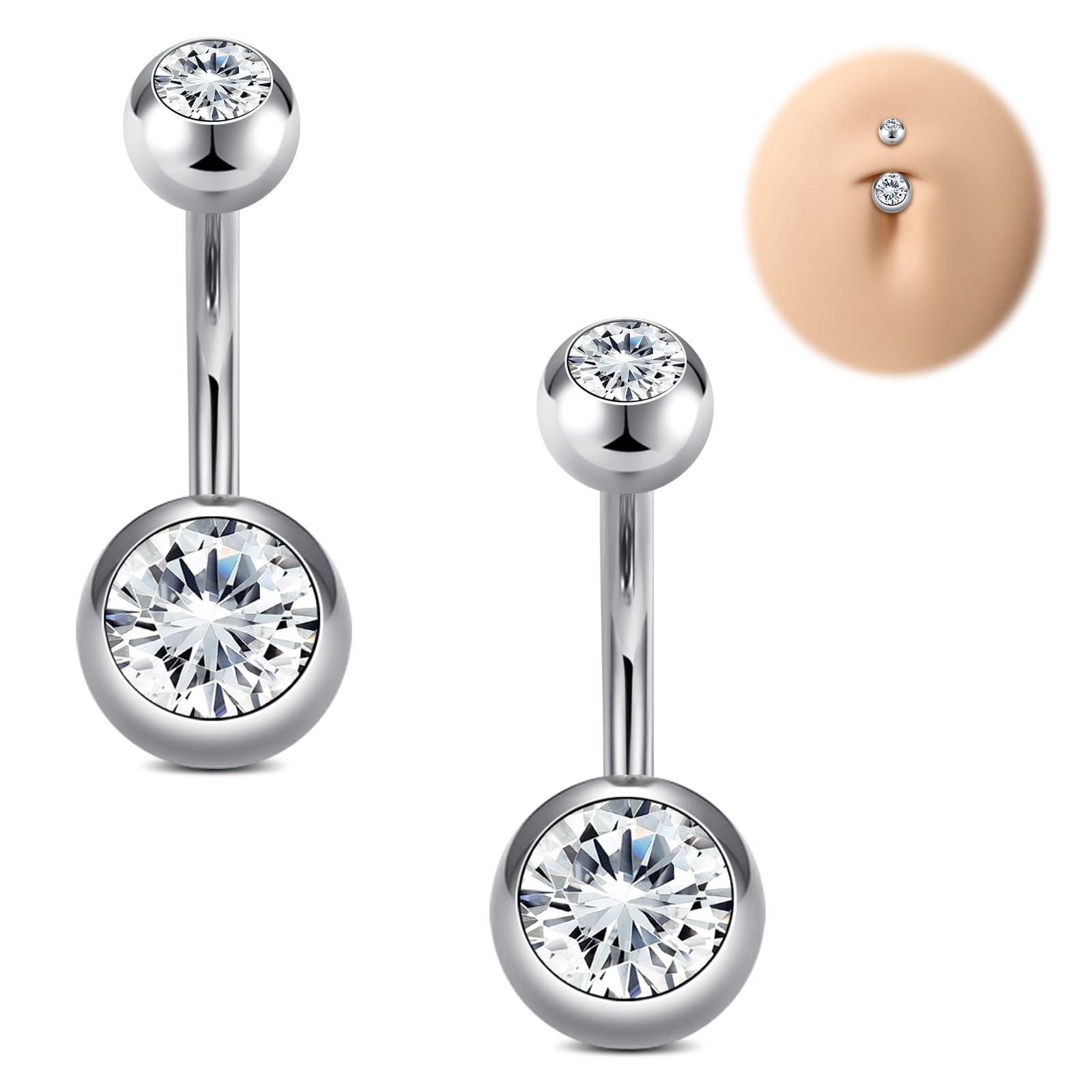 Funseedrr 14G Bauchnabelpiercing Chirurgenstahl Barbell Set 6/8/10/12mm Edelstahl stablänge für Frauen 2 Stück Nabelpiercing Schmuck mit CZ Silber
