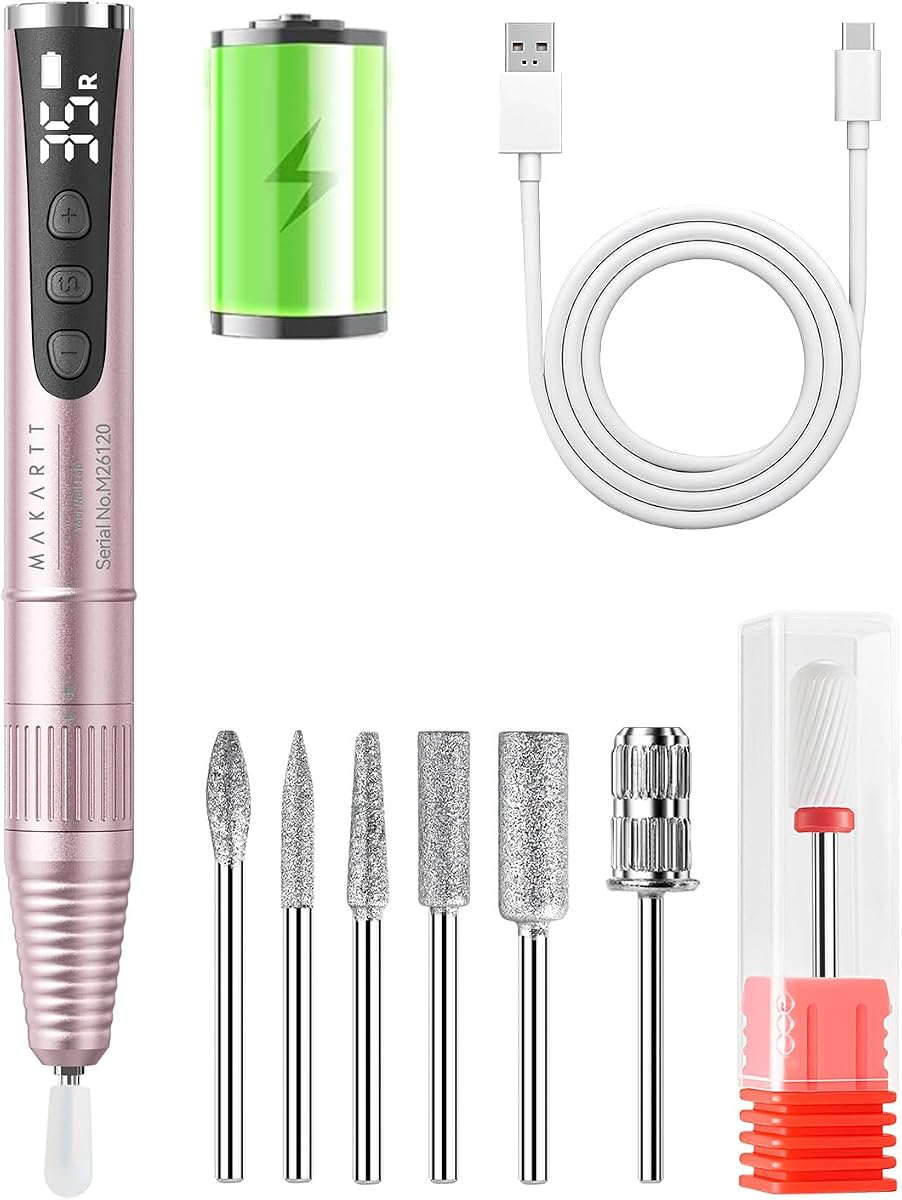 Taladro de uñas inalámbrico para principiantes: Lima electrónica portátil de 35000 RPM, rosa | Diseño de bolígrafo liviano, batería de 4 horas, pantalla LED, F&R, baja vibración silenciosa, eliminación de esmalte en gel, uso en viajes de salón en casa