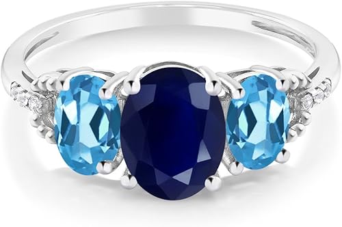 Miniatura 2 de Gem Stone King Anillo de compromiso de 3 piedras para mujer con topacio azul suizo y zafiro azul suizo de 10 quilates, ovalado de 2.84 qt