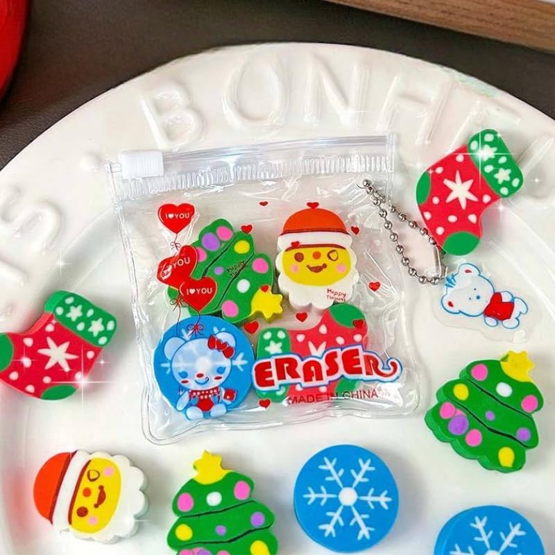 Christmas Cartoon Mini Erasers for Kids – Pack of 5 PVC Zipper Pouch with Keychain – Cute Santa, Snowman, Reindeer & Tree Eraser Set – Return Gift & School Stationery
