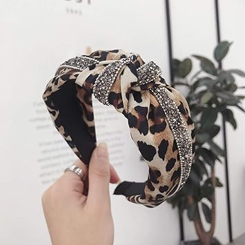 MHDGG Headbands for Women Knotted Headbands Rhinestone Diamond Turban Headbands for Women Wide Headbands for Women Vintage Hairband Hair Hoops Hair Accessories,Leopard Yellow