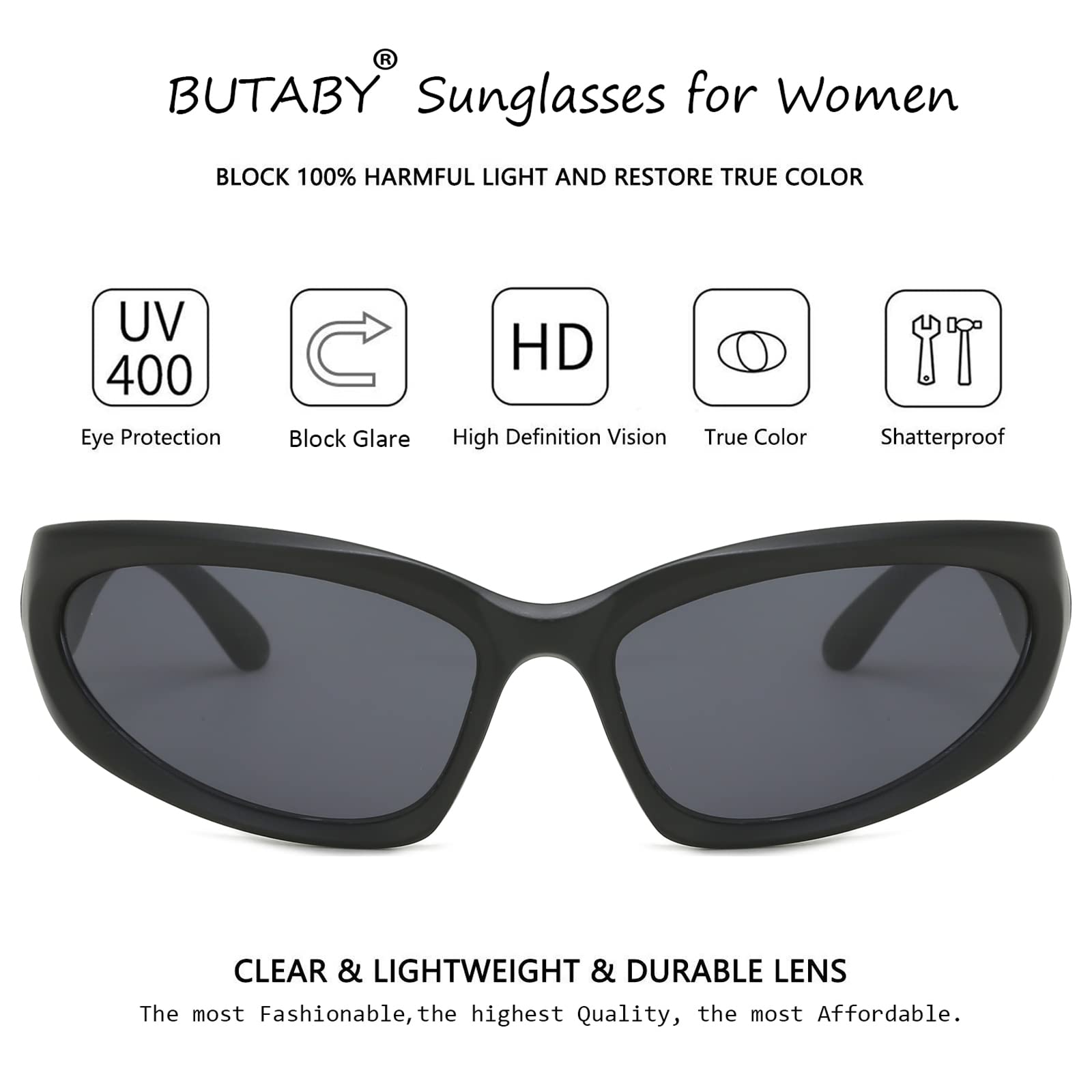 BUTABY Occhiali da sole avvolgenti alla moda per donne e uomini ovali scuri futuristici occhiali da sole per sport all'aria aperta protezione UV400
